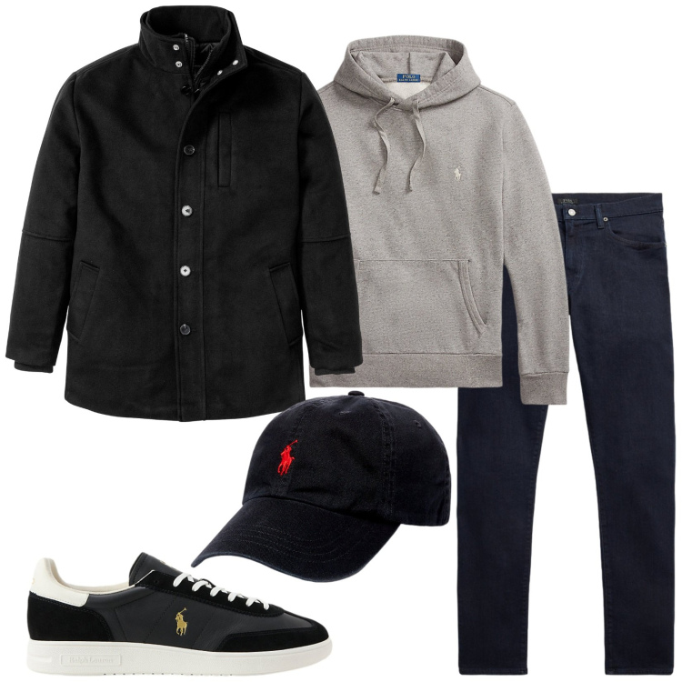 Outfit uomo - It\'s a rainy day. Stile Casual per Tutti i giorni. Abbinamento con giacche, cappelli, felpe con cappuccio, jeans, sneakers.