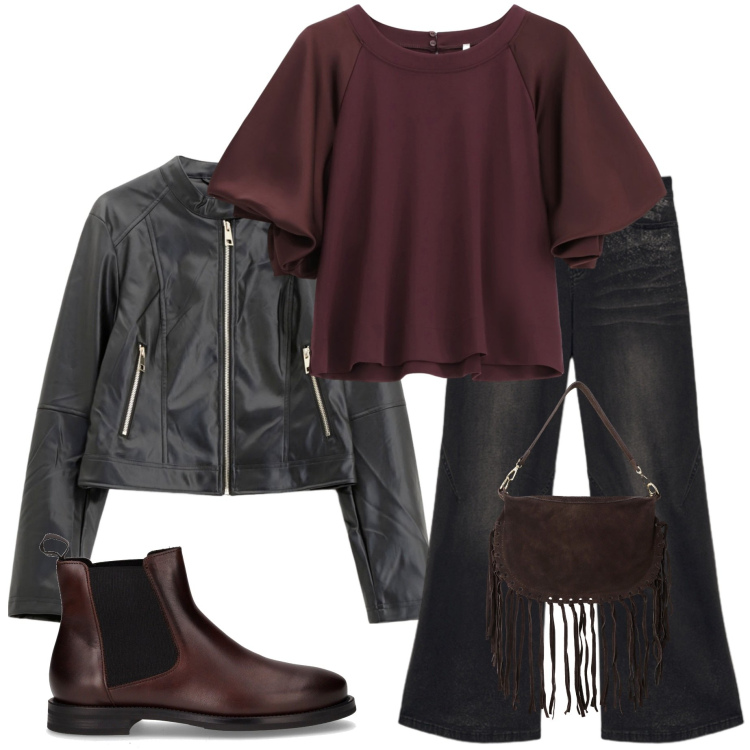 Outfit donna - Nero e cioccolato. Stile Urban per Tutti i giorni. Abbinamento con felpe, giacche, borse a tracolla, jeans, stivaletti chelsea.