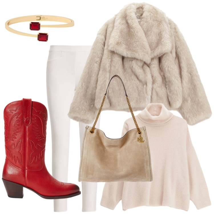 Outfit donna - Autunno in rosso. Stile Glamour per Serata fuori. Abbinamento con maglieria, blazer, pantaloni, borse tote, stivali, braccialetti.