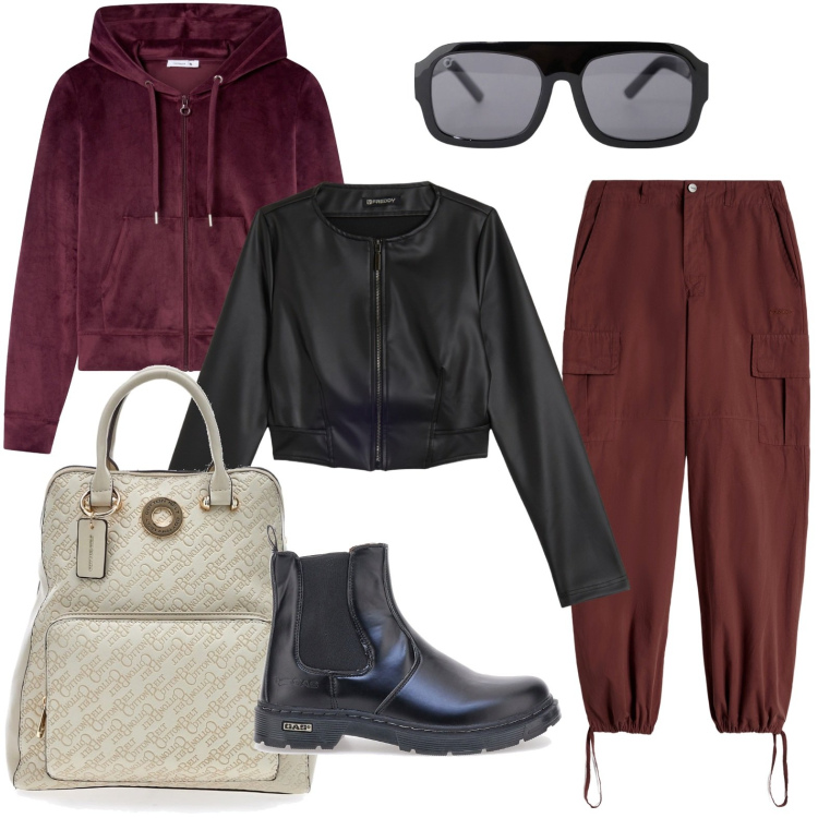 Outfit donna - Il comfort della felpa. Stile Basic per Scuola/Università. Abbinamento con felpe con cappuccio, occhiali da sole, pantaloni cargo, giacche, stivaletti chelsea, zaini.