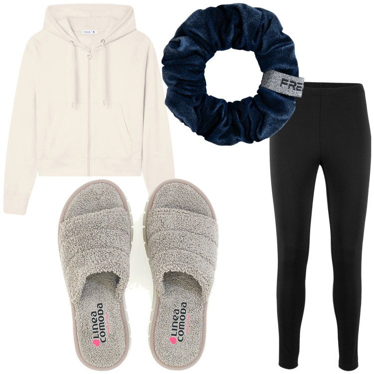 Outfit donna - Relax a casa di domenica. Stile Basic per Tutti i giorni. Abbinamento con leggings, felpe con cappuccio, accessori per capelli, ciabatte.