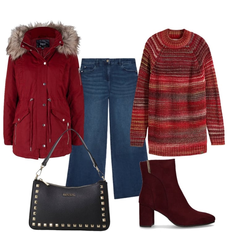 Outfit donna - In città. Stile Urban per Tutti i giorni. Abbinamento con maglieria, parka, pochette, jeans, stivaletti.