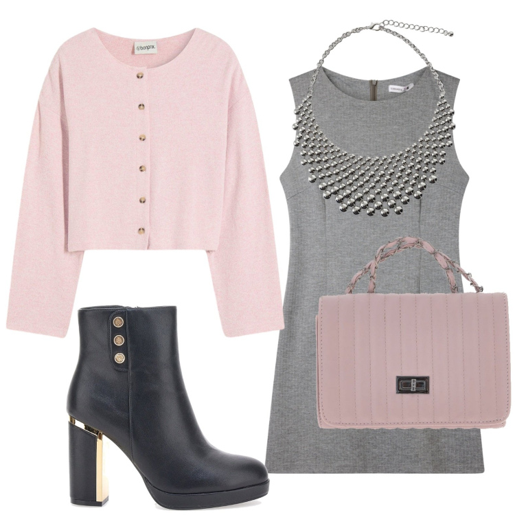 Outfit donna - L\'eleganza del tubino grigio. Stile Chic per Serata fuori. Abbinamento con cardigans, vestiti senza maniche, collane, stivaletti, borse a tracolla.