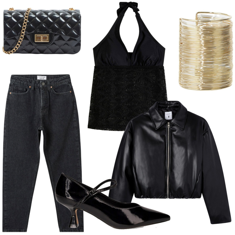 Outfit donna - Nero di sera. Stile Rock per Serata fuori. Abbinamento con top, jeans mom, giacche, borse a tracolla, braccialetti, décolleté.