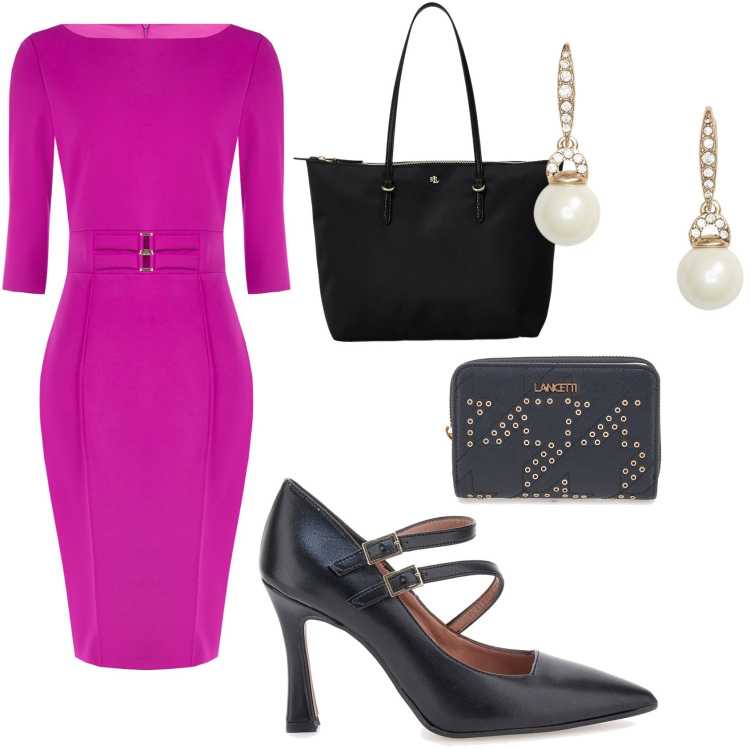 Outfit donna - Fucsia di lunedì. Stile Chic per Ufficio. Abbinamento con vestiti a tubino, borse tote, orecchini, portafogli, décolleté.