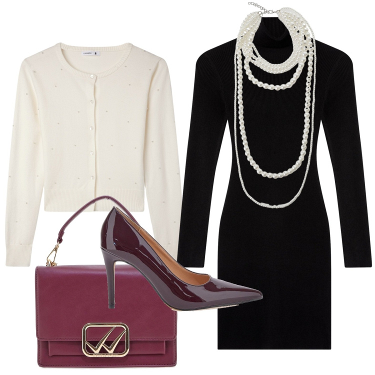 Outfit donna - Chic con le perle. Stile Chic per Ufficio. Abbinamento con vestiti corti, cardigans, collane, borse a tracolla, décolleté.