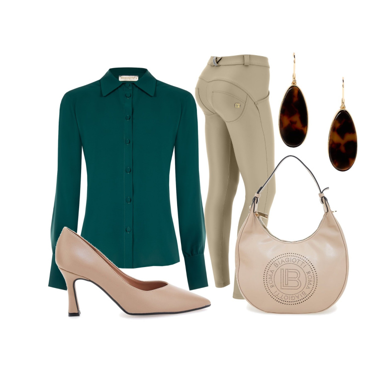 Outfit donna - Camicia ottanio. Stile Casual chic per Tutti i giorni. Abbinamento con camicie, pantaloni skinny, orecchini, borse a spalla, décolleté.