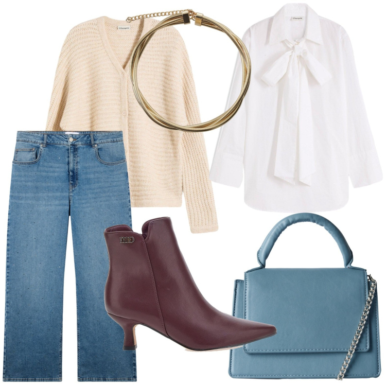 Outfit donna - Camicia con fiocco e jeans. Stile Glamour per Ufficio. Abbinamento con cardigans, camicie, borse a tracolla, jeans, collane, stivaletti.