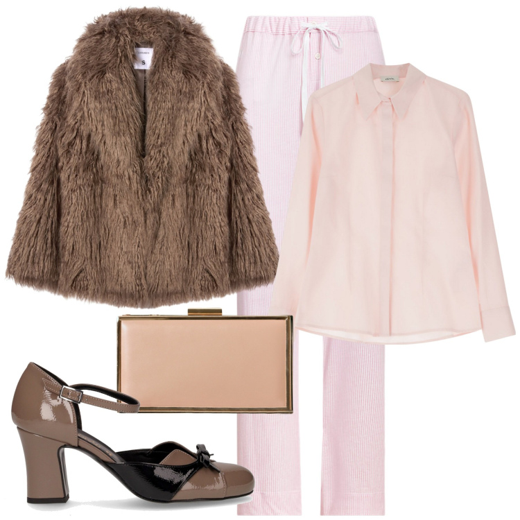 Outfit donna - Rosa e e caramello. Stile Chic per Serata fuori. Abbinamento con ecopellicce, pochette, camicie, pantaloni, décolleté.