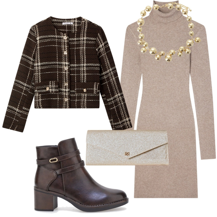 Outfit donna - Dall\'ufficio all\'aperitivo. Stile Chic per Ufficio. Abbinamento con blazer, vestiti corti, pochette, collane, stivaletti.