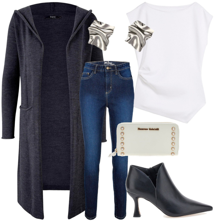 Outfit donna - the cardigan solves the look. Stile Trendy per Tutti i giorni. Abbinamento con cardigans, jeans skinny, top, portafogli, stivaletti, orecchini.