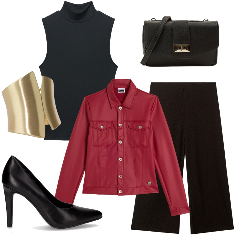 Outfit donna - Cocktail night. Stile Minimal per Serata fuori. Abbinamento con borse a tracolla, top, pantaloni, anelli, giacche, décolleté.