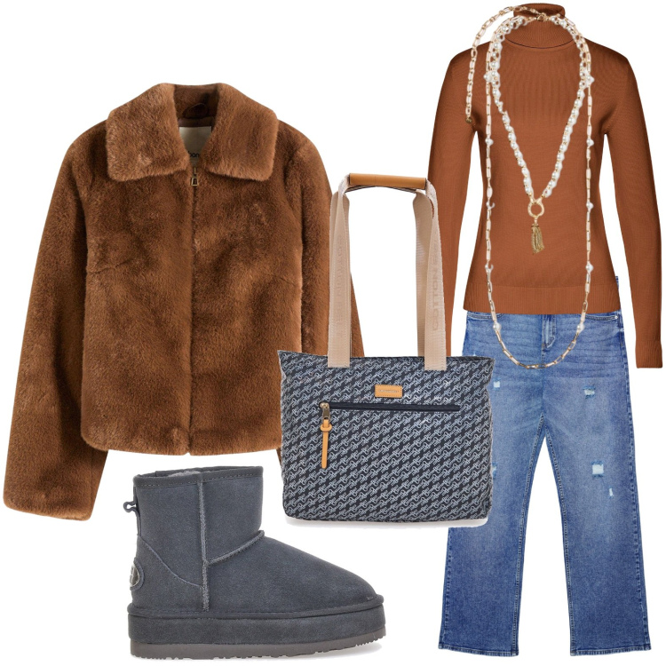 Outfit donna - Chocolat urban. Stile Urban per Scuola/Università. Abbinamento con maglieria, ecopellicce, jeans strappati, stivaletti, borse a spalla, collane.