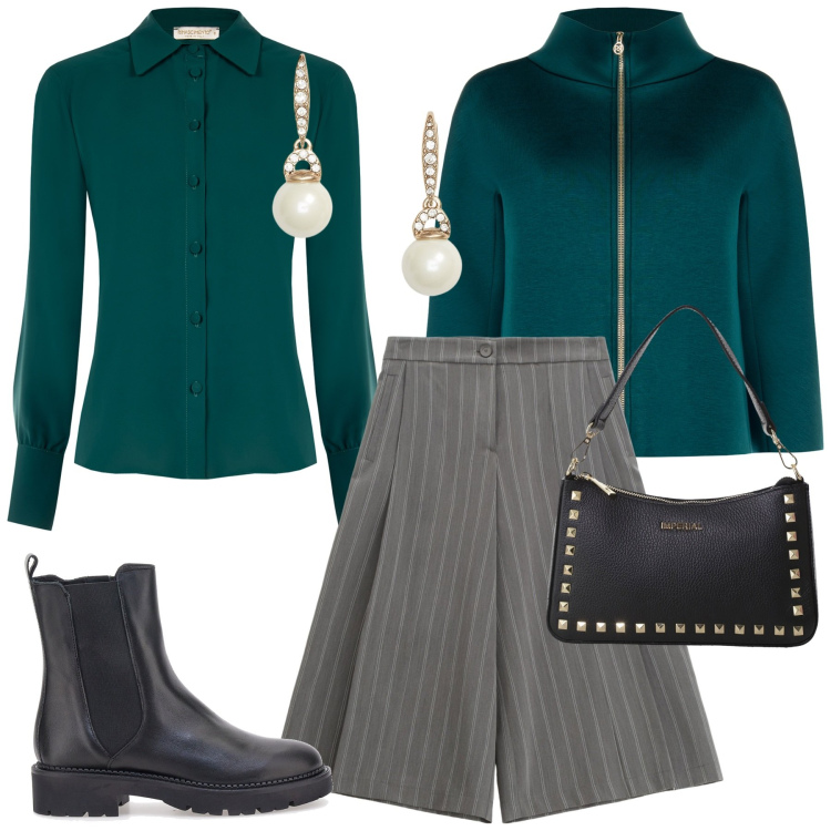 Outfit donna - Ottanio power. Stile Glamour per Serata fuori. Abbinamento con camicie, cappe, pantaloni, pochette, orecchini, stivaletti chelsea.