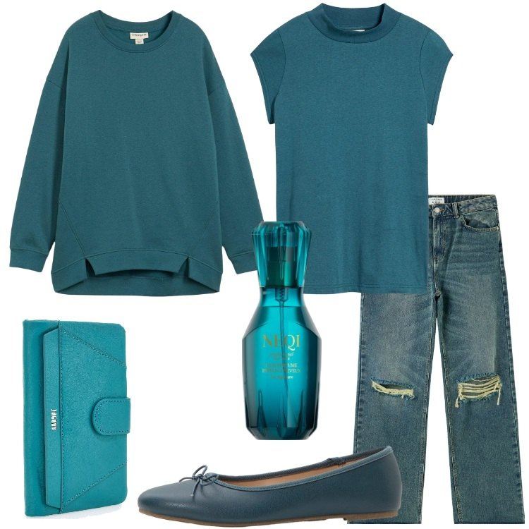 Outfit donna - Ottanio Power. Stile Basic per Tutti i giorni. Abbinamento con felpe, maglieria, ballerine, profumi, jeans strappati, portafogli.