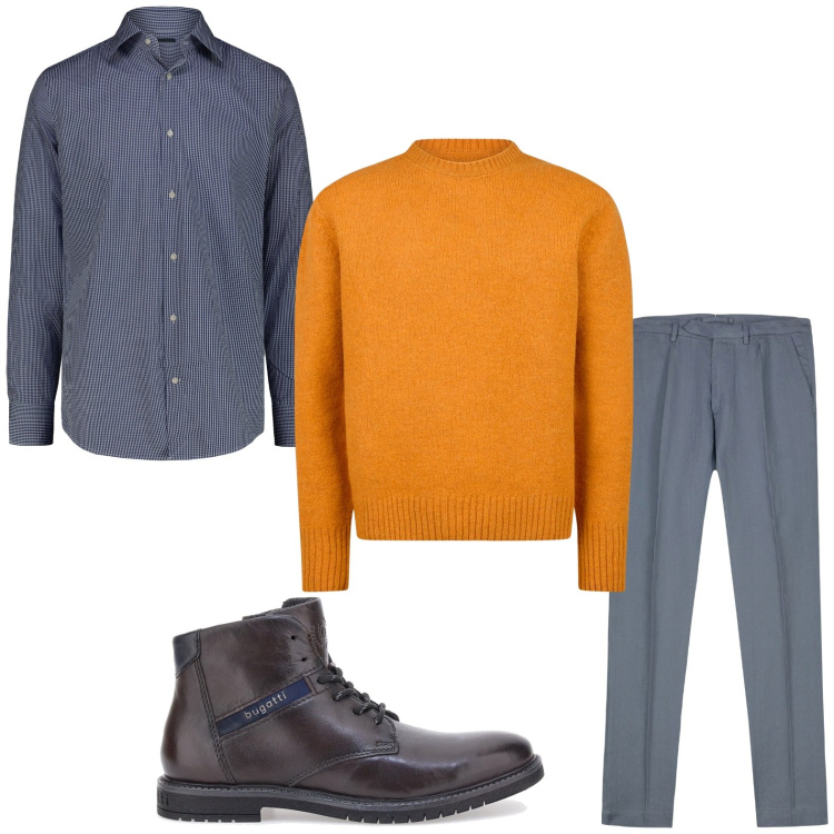 Outfit uomo - Eleganza in maglia. Stile Trendy per Ufficio. Abbinamento con stivali e stivaletti, pantaloni, camicie, maglieria.