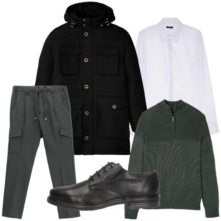 Outfit uomo - Serata in città. Stile Trendy per Serata speciale. Abbinamento con parka, maglieria, camicie, pantaloni cargo, scarpe stringate.