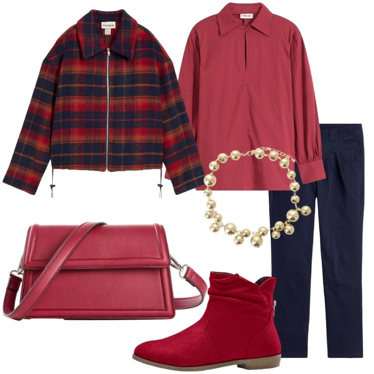 Outfit donna - Autunno in rosso - Focus Donna Curvy. Stile Casual chic per Tutti i giorni. Abbinamento con blazer, pantaloni chino, borse a tracolla, stivaletti, bluse, collane.