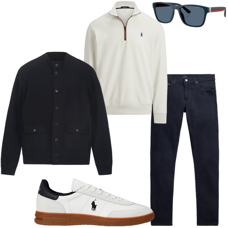 Outfit uomo - Sporty chic. Stile Urban per Tutti i giorni. Abbinamento con pullovers, sneakers, occhiali da sole, jeans, giacche.