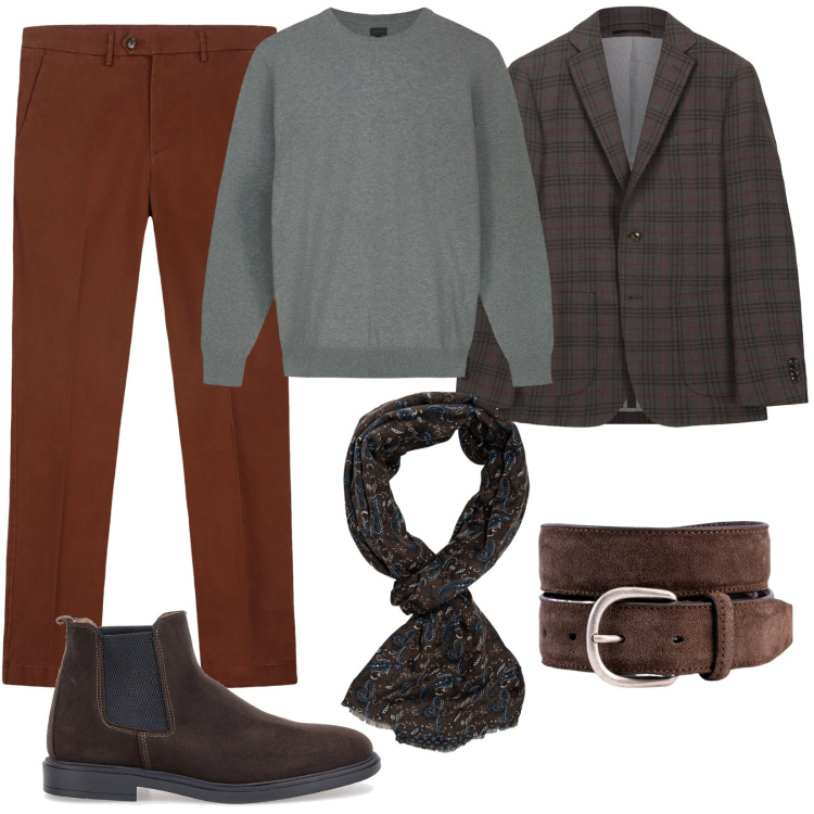 Outfit uomo - Serata in città con gli amici. Stile Urban per Tutti i giorni. Abbinamento con stivali e stivaletti, cinture, giacche, maglieria, pantaloni chino, sciarpe.