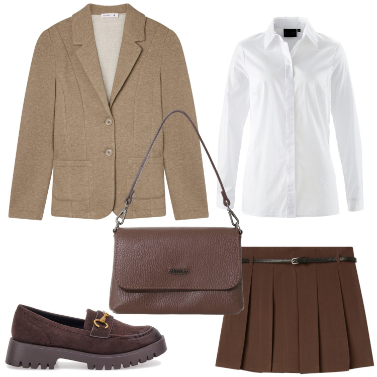 Outfit donna - Preppy girl. Stile Preppy per Scuola/Università. Abbinamento con camicie, blazer, minigonne, borse a tracolla, mocassini.