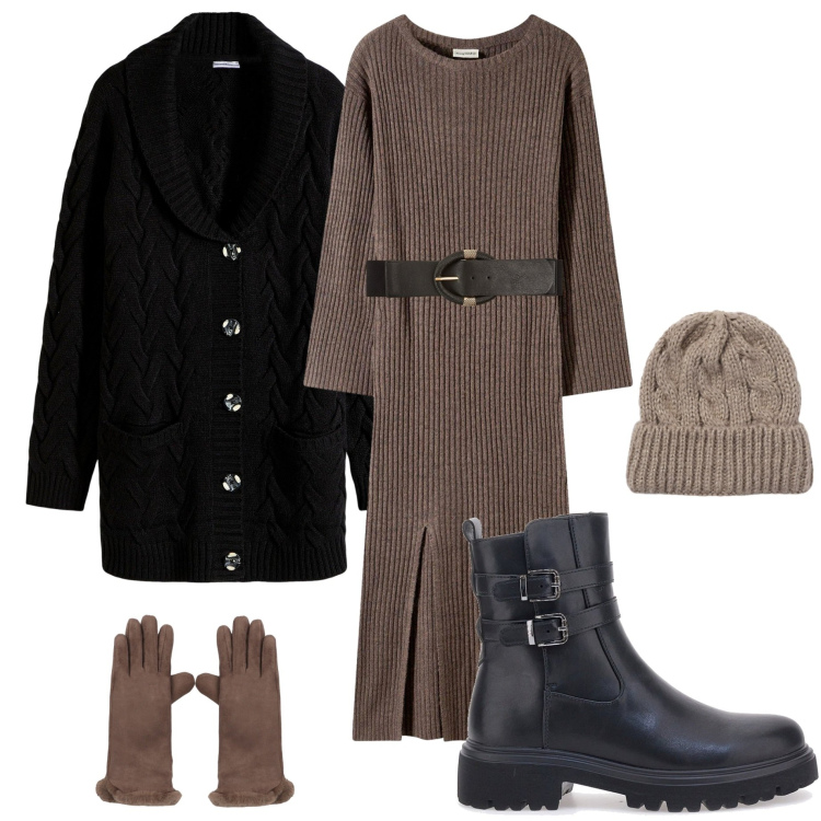 Outfit donna - Abito in maglia. Stile Urban per Tutti i giorni. Abbinamento con vestiti, cardigans, cinture, berretti, guanti, stivaletti.