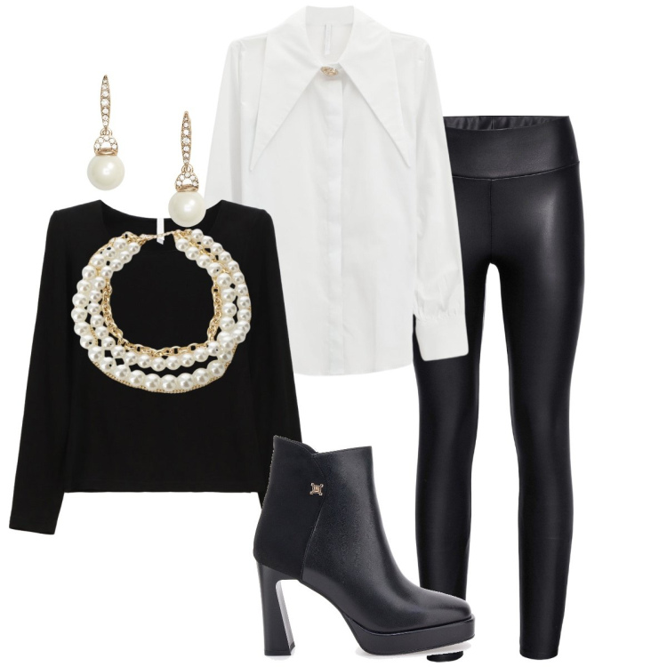 Outfit donna - Total look #2259292. Stile Casual chic per Tutti i giorni. Abbinamento con leggings, camicie, maglieria, collane, orecchini, stivaletti.
