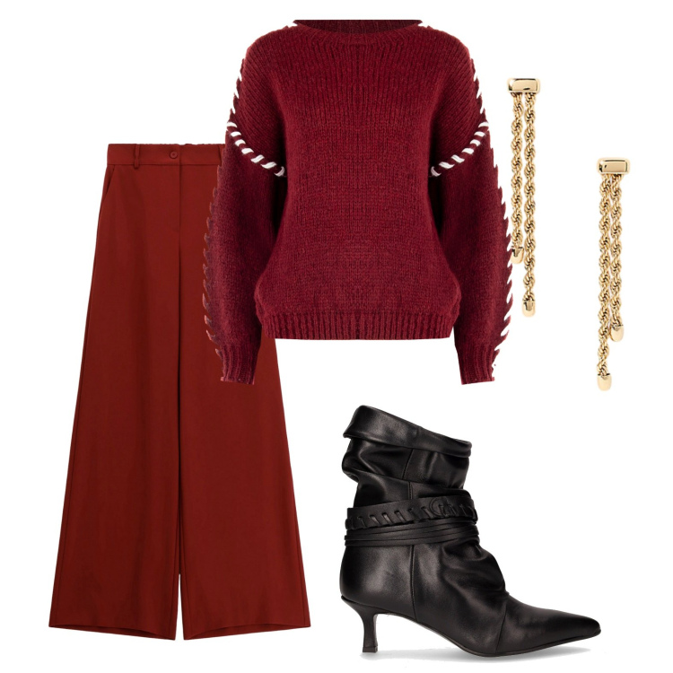 Outfit donna - Semplicemente rosso. Stile Urban per Tutti i giorni. Abbinamento con maglieria, pantaloni a palazzo, orecchini, stivaletti.