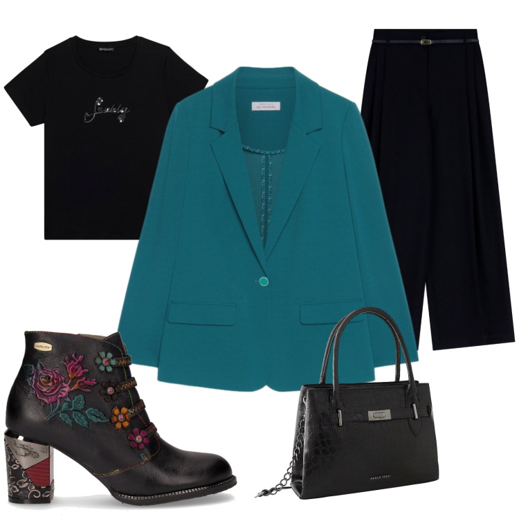 Outfit donna - Dettagli di ottanio. per Tutti i giorni. Abbinamento con borse a mano, pantaloni, t-shirt, stivaletti, blazer.
