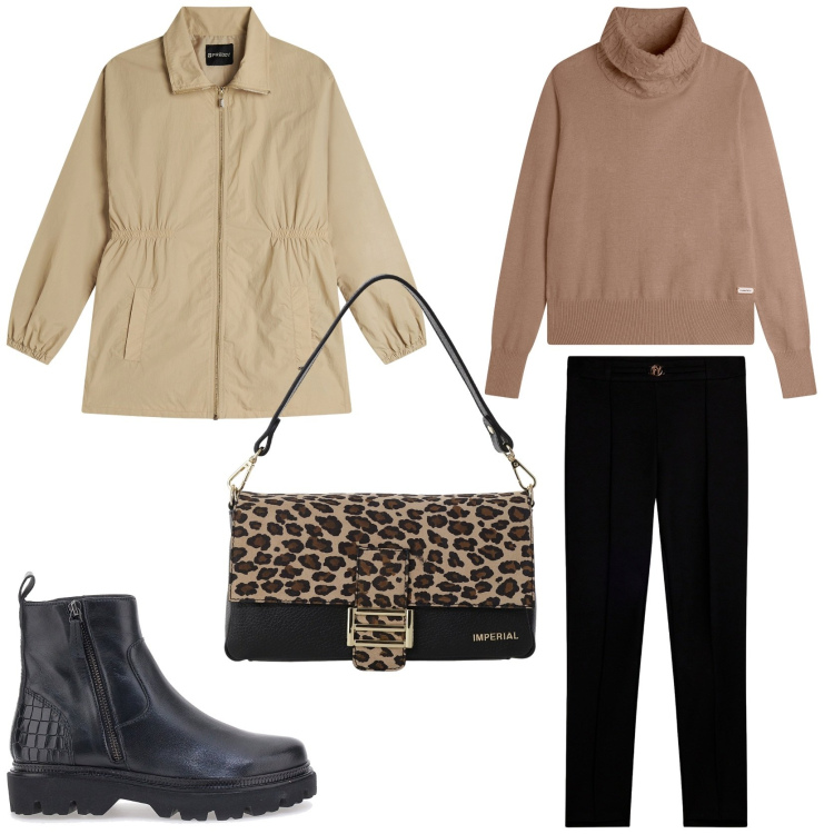 Outfit donna - Giornata di pioggia. Stile Casual chic per Tutti i giorni. Abbinamento con borse a spalla, maglieria, pantaloni, parka, stivaletti.