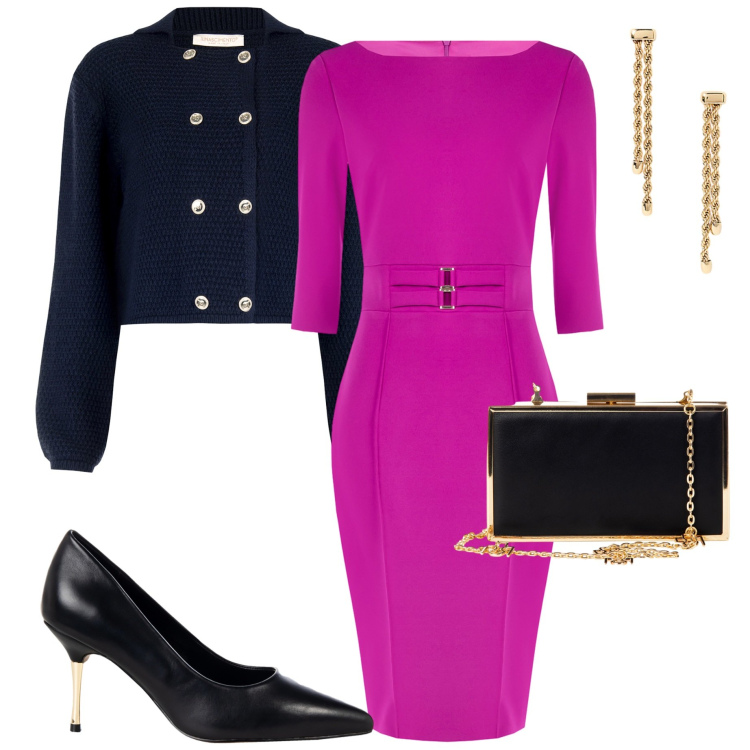 Outfit donna - Cerimonia con Rinascimento. Stile Chic per Cerimonia. Abbinamento con blazer, vestiti a tubino, décolleté, pochette, orecchini.