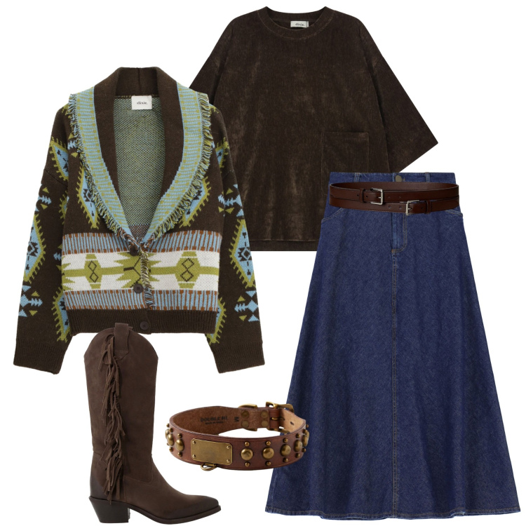 Outfit donna - Serata con amici. Stile Sporty chic per Serata fuori. Abbinamento con cardigans, stivali, gonne lunghe, t-shirt, cinture, anelli.