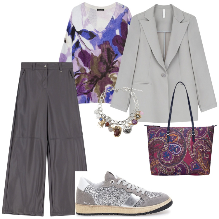 Outfit donna - A lavoro. per Scuola/Università. Abbinamento con blazer, pantaloni, braccialetti con ciondoli, borse tote, sneakers, maglieria.