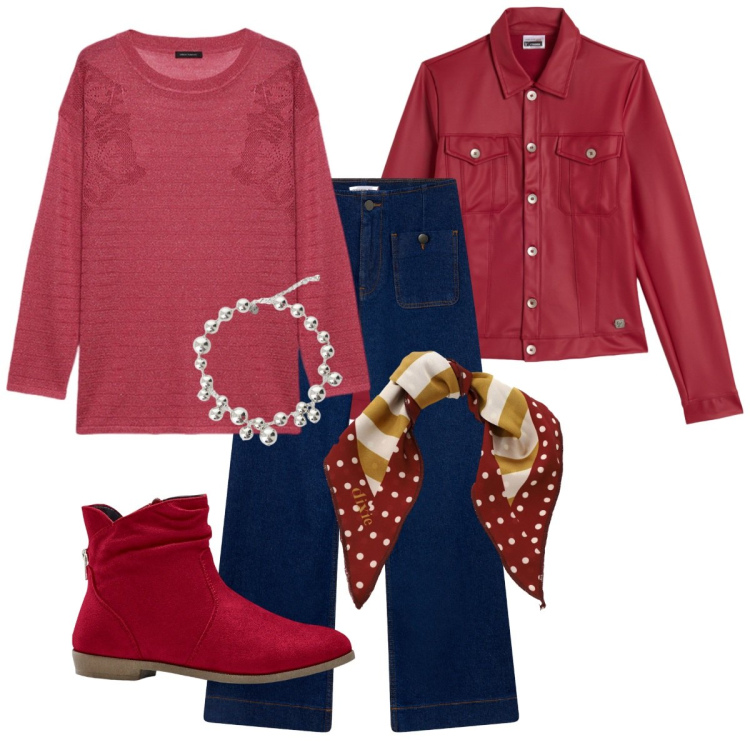 Outfit donna - Autunno in rosso. Stile Casual per Tutti i giorni. Abbinamento con stivaletti, jeans, giacche, collane, foulard, maglieria.