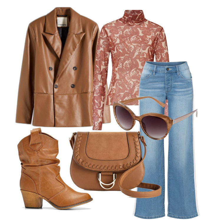 Outfit femme - Octobre. Style Casual pour Tous les jours. Assortir avec jeans, bottines texanes, sacs en bandoulière, lunettes de soleil, t-shirts, blazers.