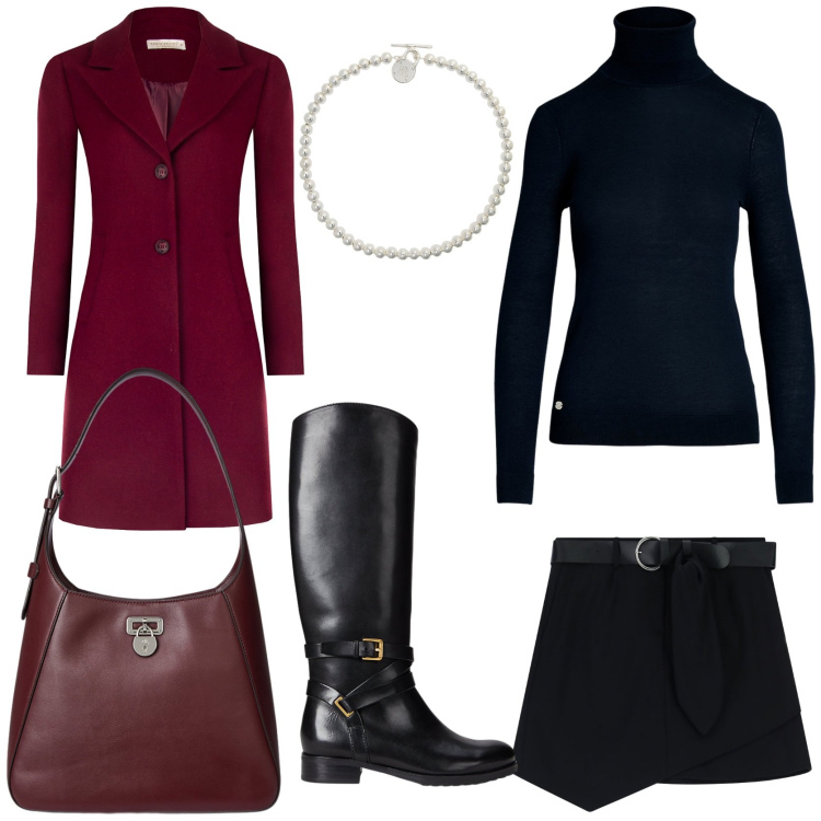 Outfit donna - Quiet luxury. Stile Chic per Tutti i giorni. Abbinamento con cappotti, minigonne, collane, maglieria, borse a spalla, stivali.