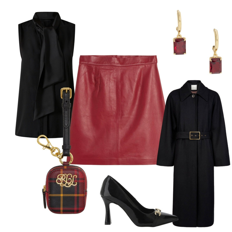 Outfit donna - Dettagli di rosso. per Serata fuori. Abbinamento con minigonne, top, décolleté, pochette, orecchini, cappotti.