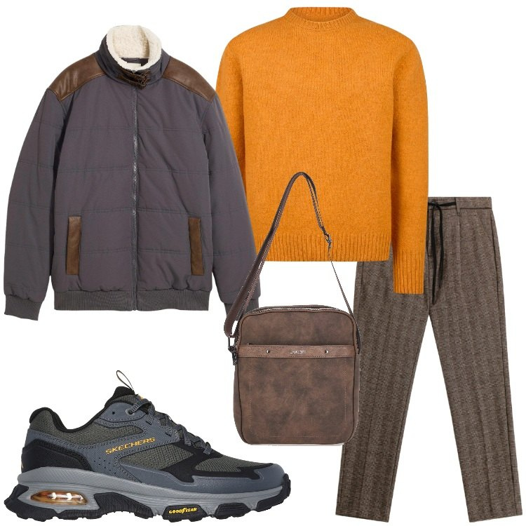 Outfit uomo - Il maglione arancione. Stile Trendy per Serata speciale. Abbinamento con giacche, pantaloni, portafogli, maglieria, scarpe sportive.