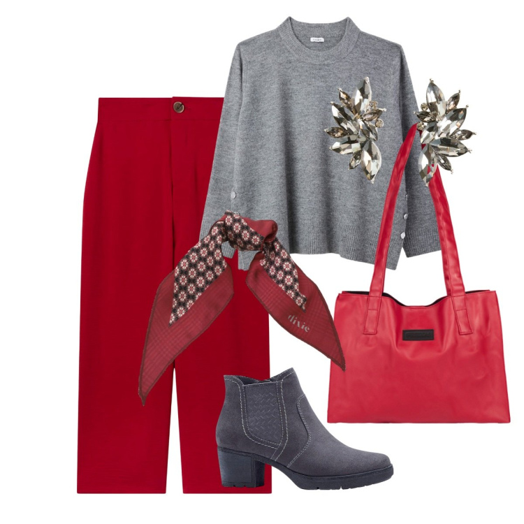 Outfit donna - Il rosso comunica!. Stile Glamour per Tutti i giorni. Abbinamento con stivaletti, orecchini, pantaloni a palazzo, maglieria, shopping bag, foulard.