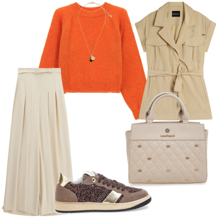 Outfit donna - Autunno domenicale. per Tutti i giorni. Abbinamento con trench, maglieria, pantaloni a palazzo, collane, sneakers, borse a mano.