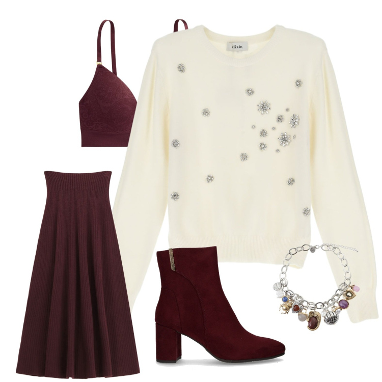 Outfit donna - Calore autunnale. Abbinamento con gonne lunghe, braccialetti con ciondoli, maglieria, reggiseni, stivaletti.