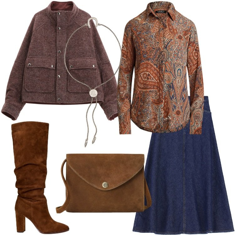 Outfit donna - Gonna & stivali - @antonellal. Stile Etnico per Ufficio. Abbinamento con caban, gonne lunghe, stivali, camicie, borse a tracolla, braccialetti con ciondoli.