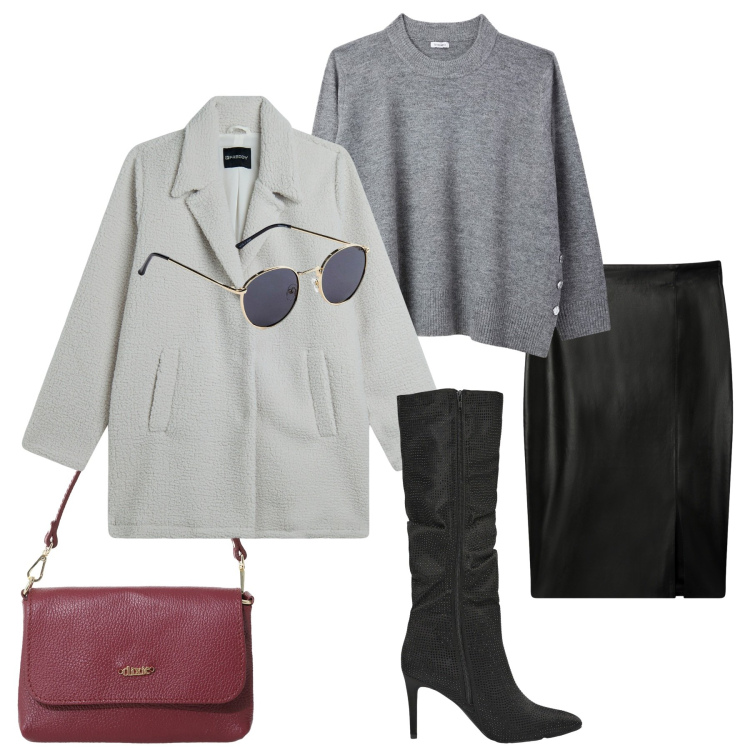 Outfit donna - Maglione autunnale. Stile Casual per Ufficio. Abbinamento con occhiali da sole, stivali, gonne longuette, maglieria, cappotti, borse a tracolla.