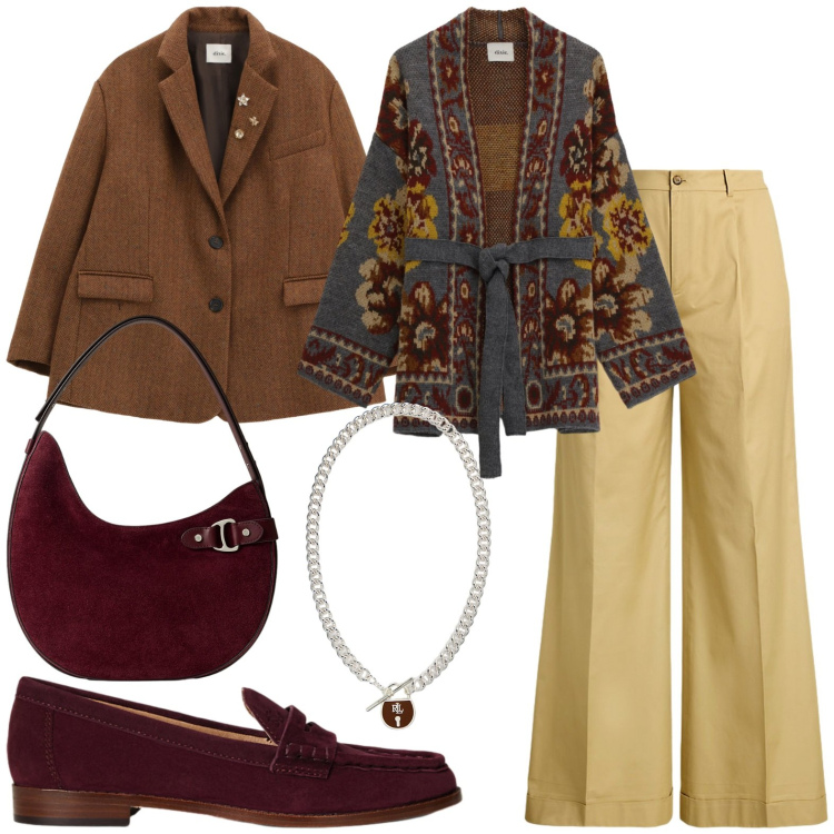 Outfit donna - Accessori bordeaux. Stile Casual chic per Serata fuori. Abbinamento con cardigans, blazer, pantaloni, ciondoli, mocassini, borse a spalla.