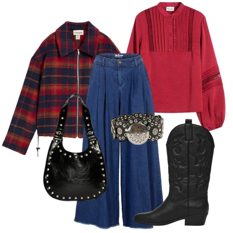 Outfit donna - Country autunnale. Stile Glamour per Tutti i giorni. Abbinamento con blazer, bluse, gonne, cinture, stivaletti texani, borse a spalla.