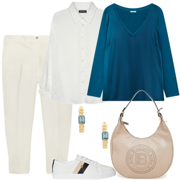 Outfit donna - La maglia fine. Stile Casual per Tutti i giorni. Abbinamento con sneakers, orecchini, bluse, camicie, pantaloni, borse a spalla.
