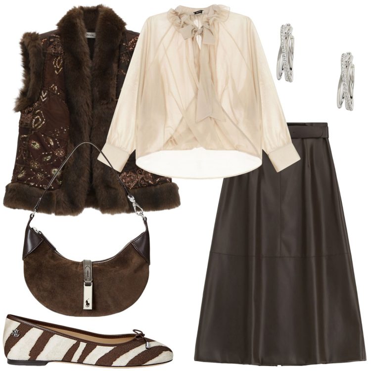 Outfit donna - Brown. Stile Casual per Serata fuori. Abbinamento con gonne lunghe, gilet, bluse, borse a spalla, orecchini, ballerine.