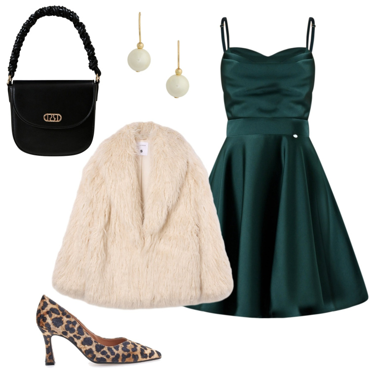 Outfit donna - Glamour autunnale. Stile Glamour per Serata fuori. Abbinamento con ecopellicce, vestiti corti, borse a mano, orecchini, décolleté.