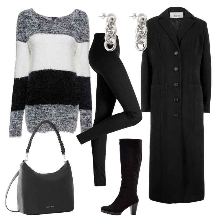 Outfit donna - Total look #2259332. Stile Casual chic per Ufficio. Abbinamento con leggings, cappotti, maglieria, stivali, borse a mano, orecchini.