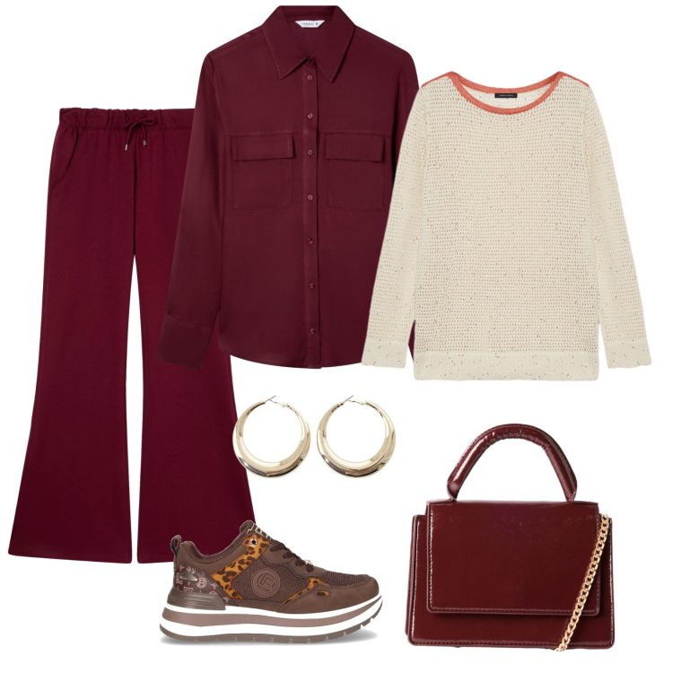 Outfit donna - Total look #2259334. Stile Casual chic per Ufficio. Abbinamento con borse a tracolla, camicie, pantaloni, orecchini, sneakers, maglieria.